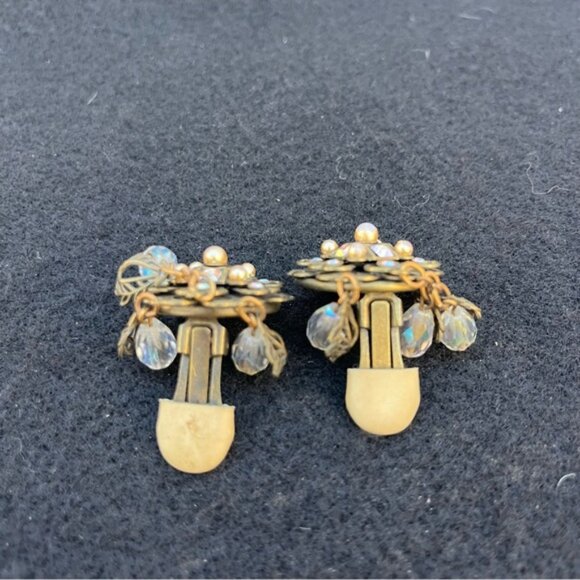 Vintage Banana Bob Bronze Iridescent Stone Dangle Clip On Earrings - Picture 8 of 12